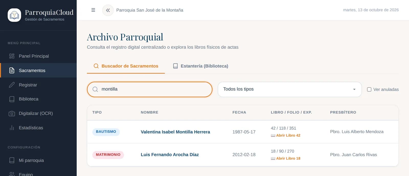 Buscador de actas con resultados de bautismo y matrimonio, su libro, folio, número y celebrante